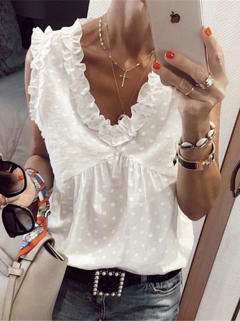 Fashion Point print Stringy selvedge Sleeveless V neck Blouses