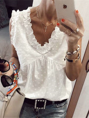 Fashion Point print Stringy selvedge Sleeveless V neck Blouses