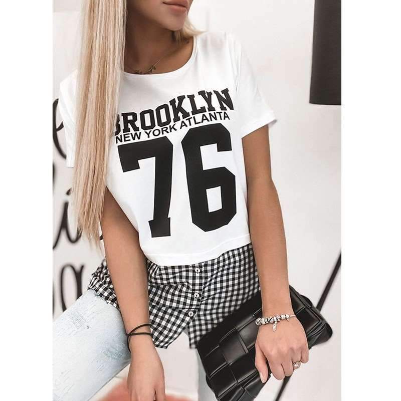 Fashion Plaid Gored Short sleeve Round neck T-Shirts