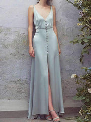 Sexy Deep V Collar Button Slit Maxi Dress