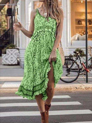 Casual Floral print Round neck Sleeveless Vest Falbala Maxi Dresses