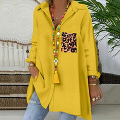 Casual Loose Lapel Gored Leopard print Pocket Long sleeve Blouses
