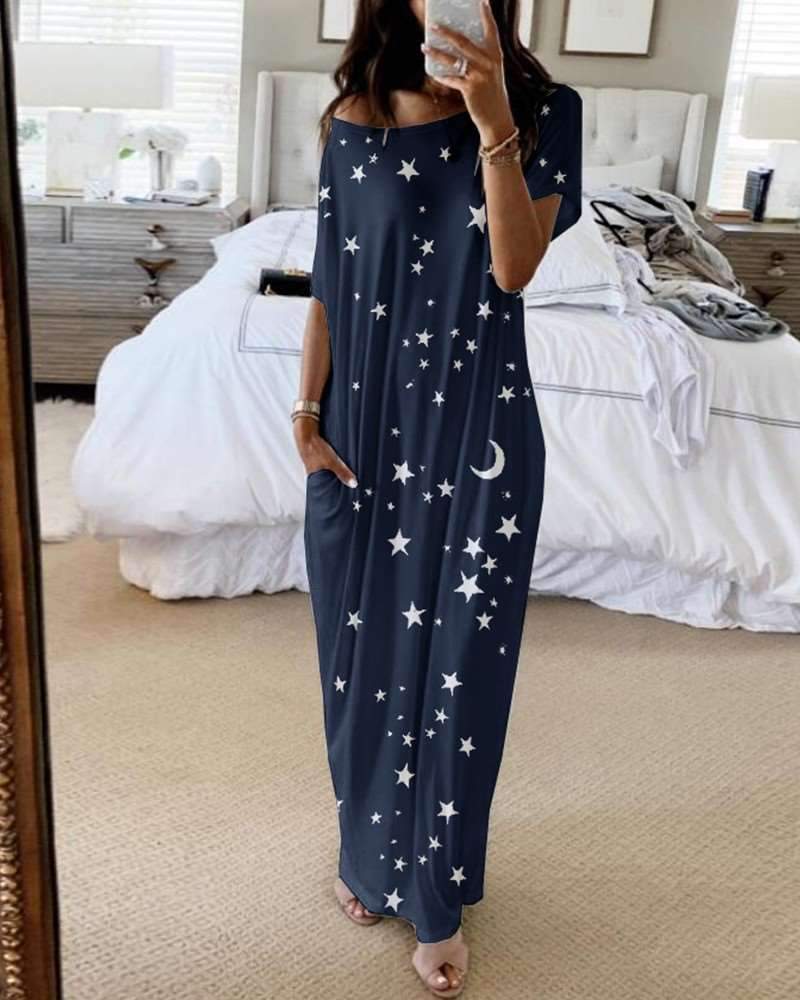 Fashion Casual Round neck Print Short sleeve Maxi Dresses