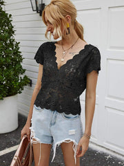 Sexy Pure Lace Hollow out V neck Short sleeve T-Shirts