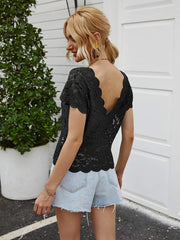 Sexy Pure Lace Hollow out V neck Short sleeve T-Shirts