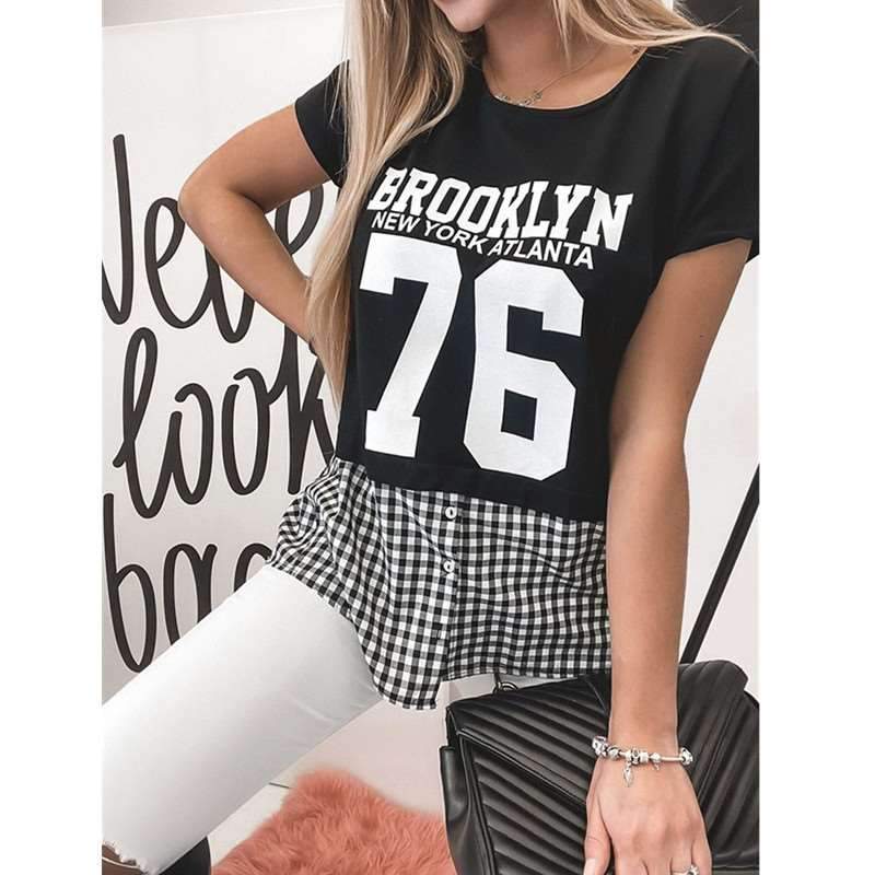 Fashion Plaid Gored Short sleeve Round neck T-Shirts