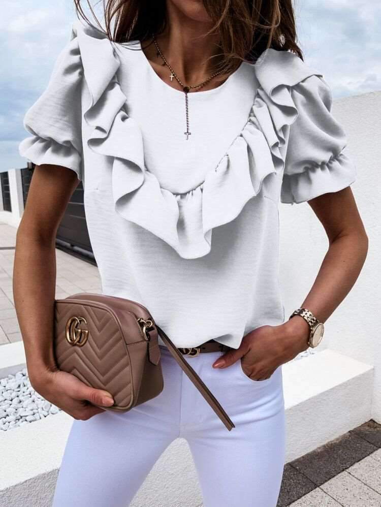 Fashion Pure Falbala Short sleeve Round neck Blouses