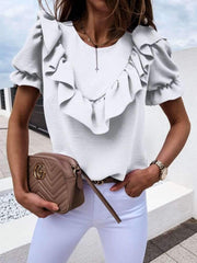Fashion Pure Falbala Short sleeve Round neck Blouses