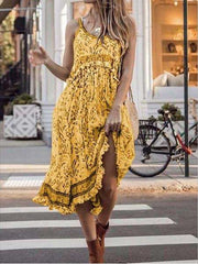 Casual Floral print Round neck Sleeveless Vest Falbala Maxi Dresses