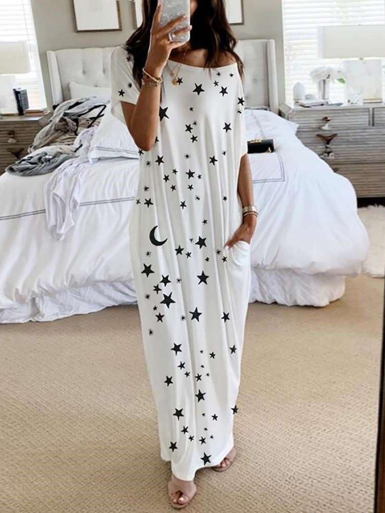 Fashion Casual Round neck Print Short sleeve Maxi Dresses