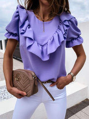 Fashion Pure Falbala Short sleeve Round neck Blouses