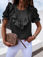 Fashion Pure Falbala Short sleeve Round neck Blouses