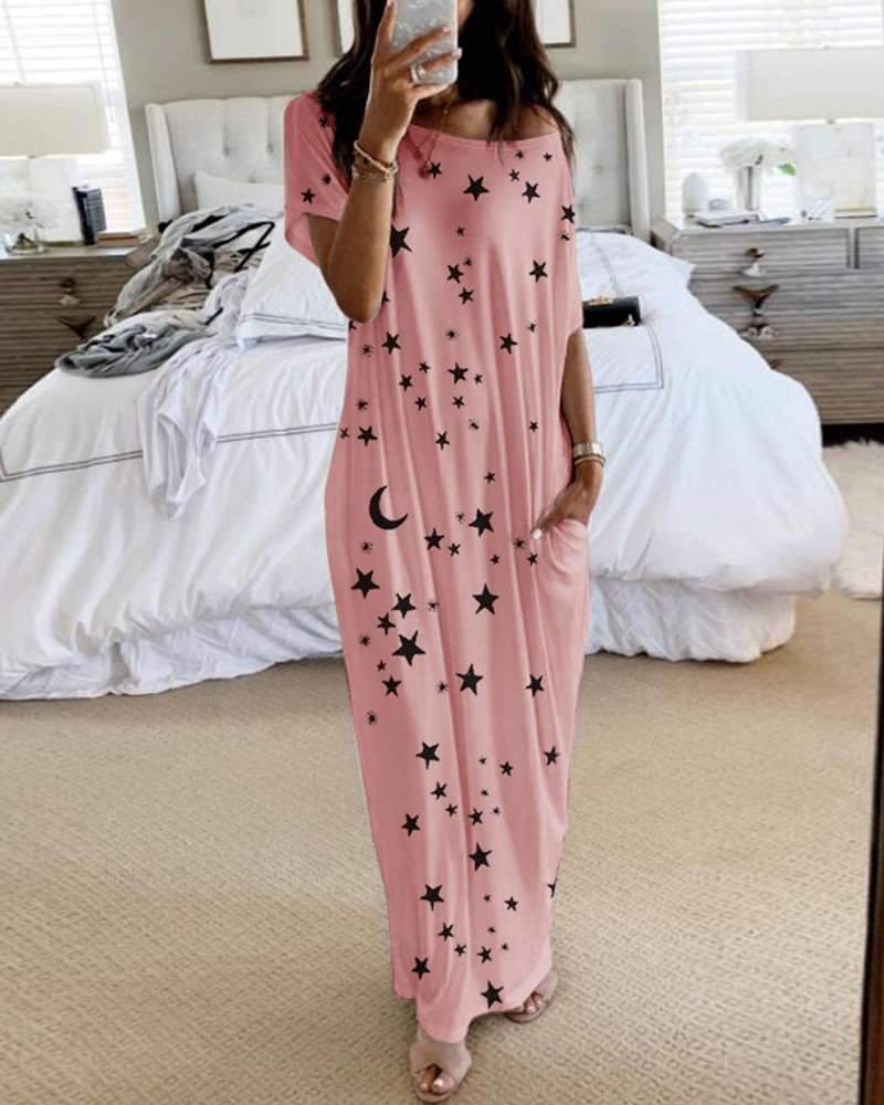 Fashion Casual Round neck Print Short sleeve Maxi Dresses