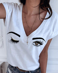 Casual Printed Short Sleeve V Neck Tops