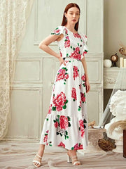 Fashion Print Round neck Falbala  Maxi Dresses Suit