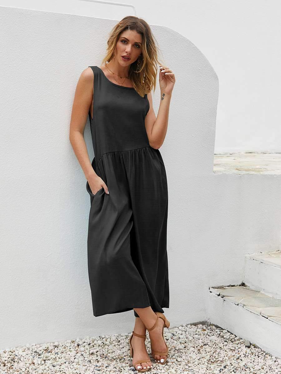 Casual Loose Pure Round neck Sleeveless Backless Jumpsuits