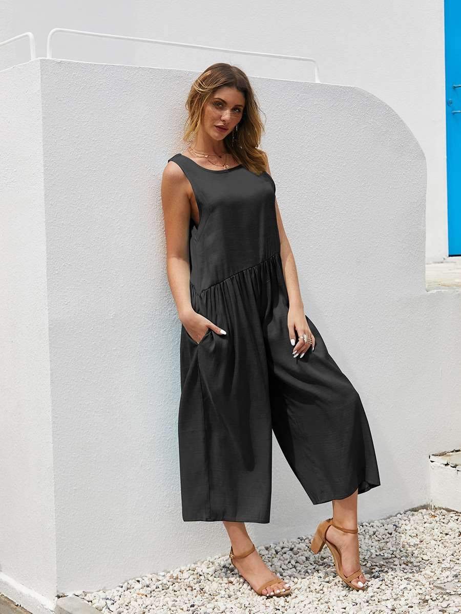 Casual Loose Pure Round neck Sleeveless Backless Jumpsuits