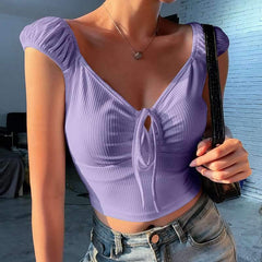 Fashion Pure V neck Short sleeve Lacing T-Shirts