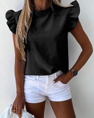 Fashion Pure Round neck Falbala Short sleeve Blouses