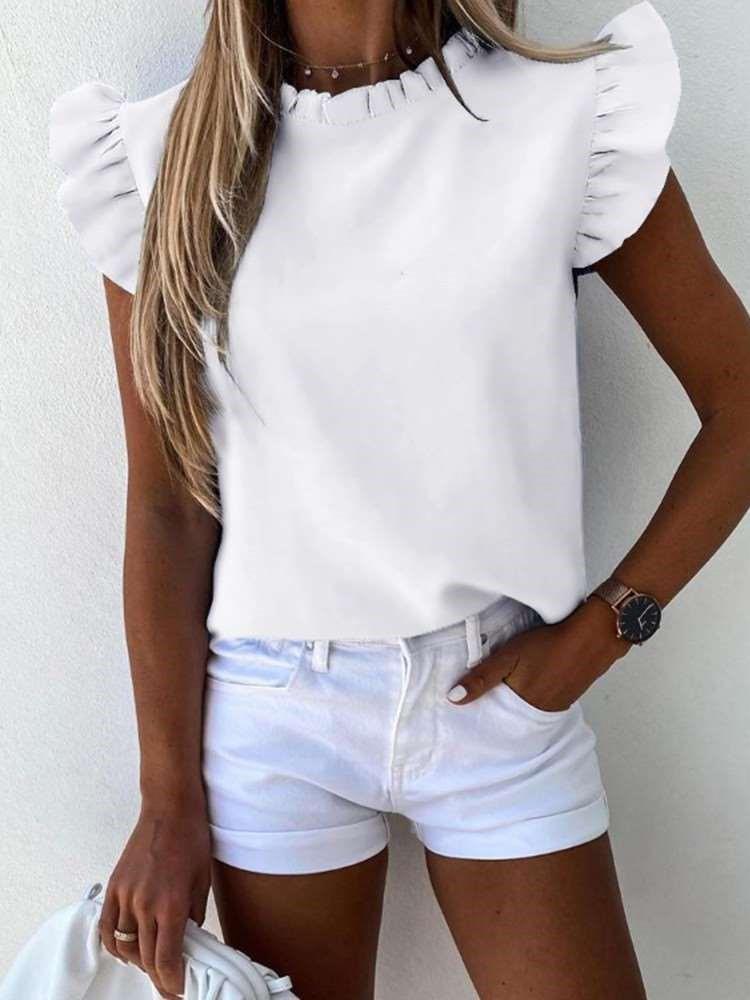 Fashion Pure Round neck Falbala Short sleeve Blouses