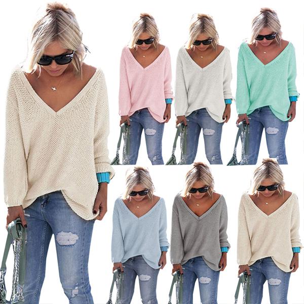 V Neck Long Sleeve Woman Daily Casual Sweater