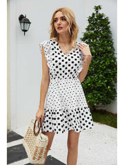 Fashion Point print V neck Falbala Skater Dresses