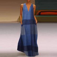Casual Loose Plaid V neck Sleeveless Maxi Dresses