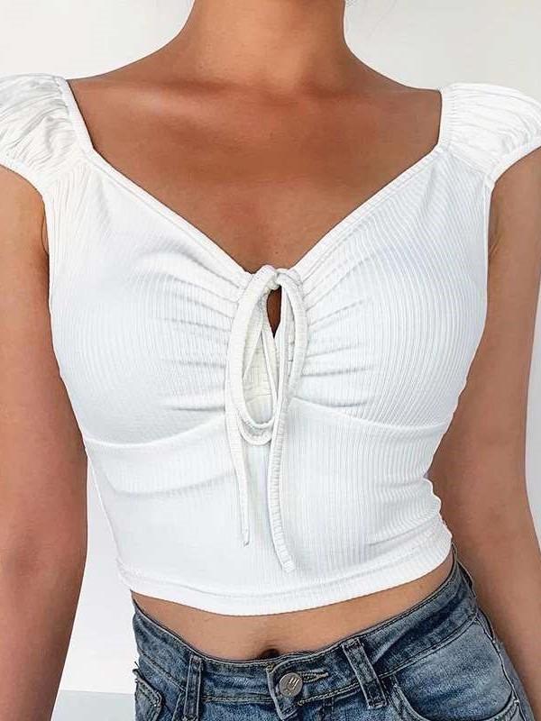 Fashion Pure V neck Short sleeve Lacing T-Shirts