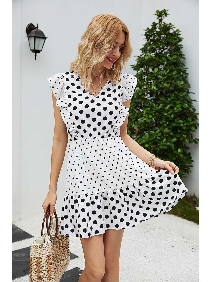 Fashion Point print V neck Falbala Skater Dresses