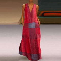 Casual Loose Plaid V neck Sleeveless Maxi Dresses