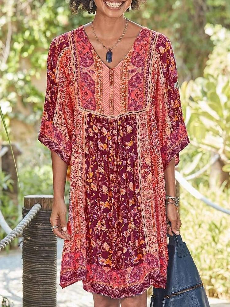 Casual Print V neck Half sleeve Shift Dresses