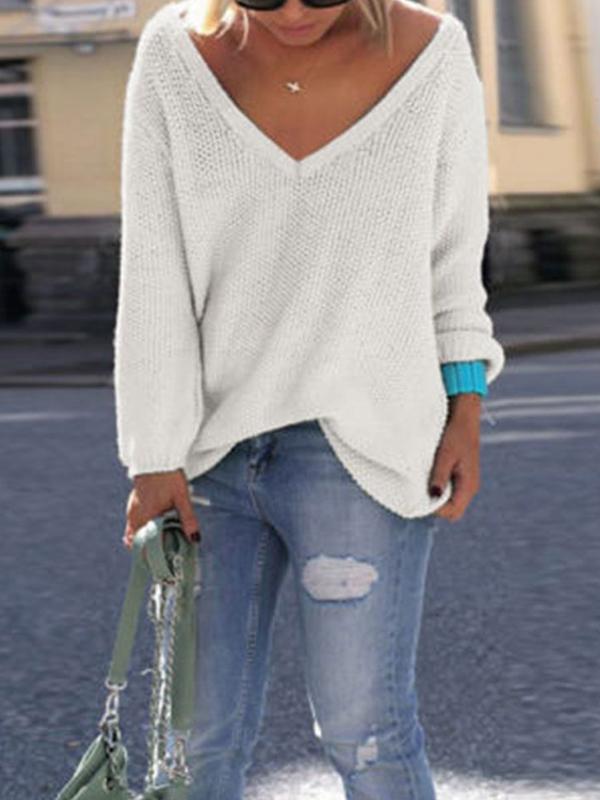 V Neck Long Sleeve Woman Daily Casual Sweater