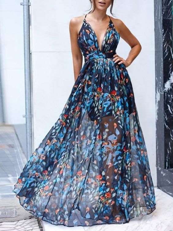 Sexy Print V neck Vest Backless Skater Maxi Dresses