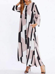 Women Autumn Printed Pacthwork Single-Breasted Shirt Maxi Dress