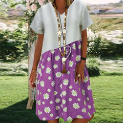 Casual Loose Print Gored Short sleeve V neck Shift Dresses