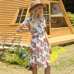 Fashion Print V neck Lacing Short sleeve Skater Dresses