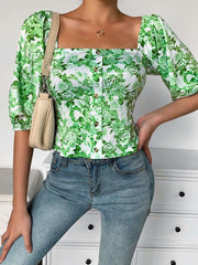 Fashion Print Square collar Half sleeve Blouses