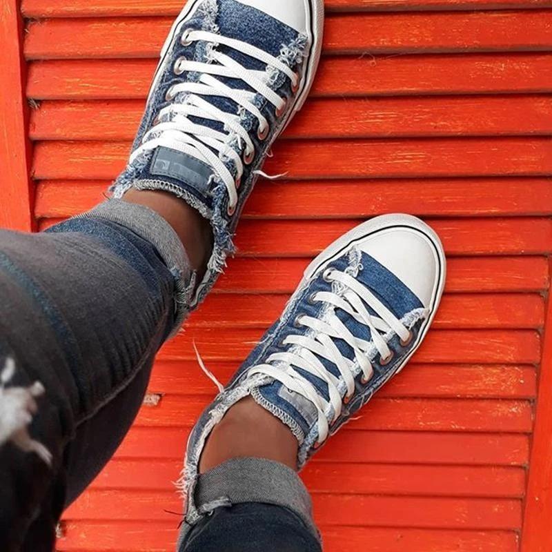 Women Comfy Canvas Lace Up Flat Heel Denim Sneakers