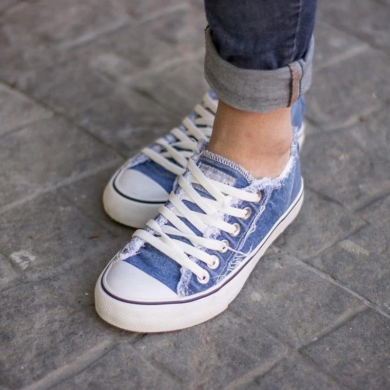 Women Comfy Canvas Lace Up Flat Heel Denim Sneakers