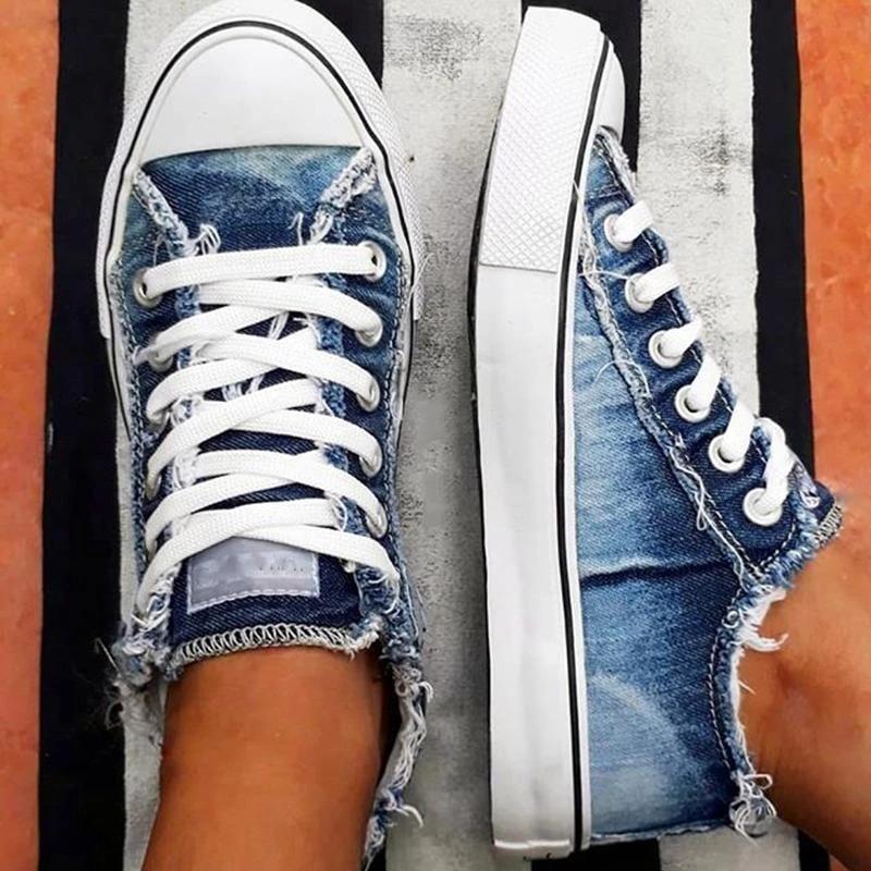 Women Comfy Canvas Lace Up Flat Heel Denim Sneakers