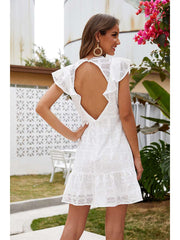 Fashion Pure Round neck Hollow out Falbala Shift Dresses