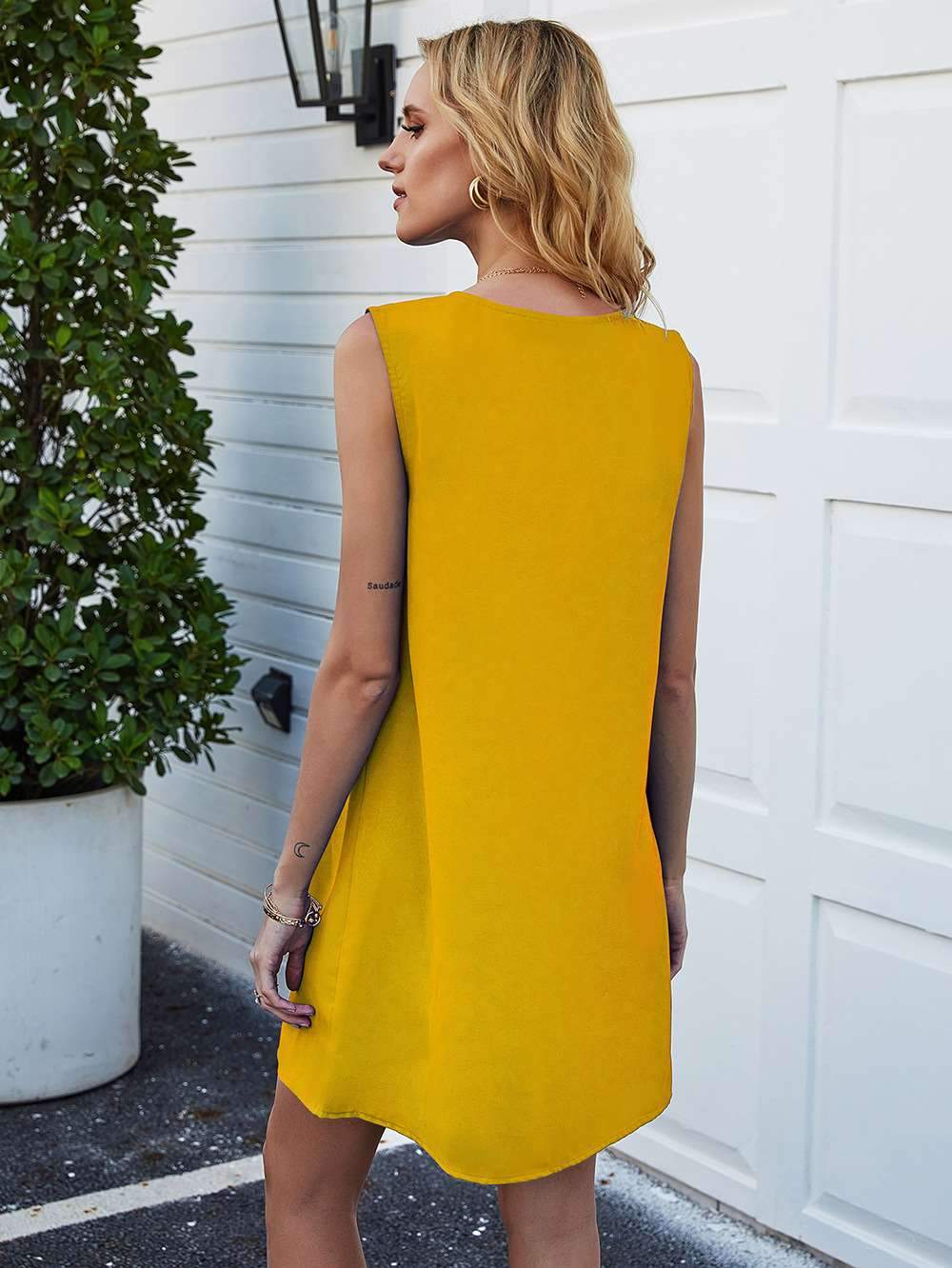 Casual Pure V neck Sleeveless Shift Dresses