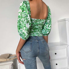 Fashion Print Square collar Half sleeve Blouses