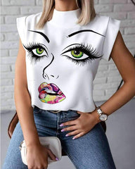 Fashion Print Stand collar Short sleeve Blouses