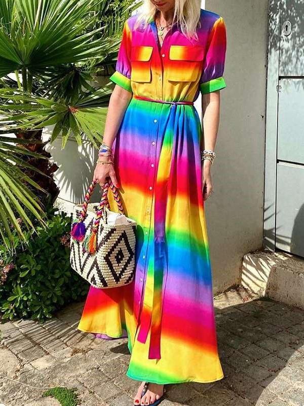Fashion Rainbow stripe Short sleeve Lapel Maxi Dresses