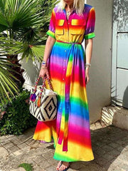 Fashion Rainbow stripe Short sleeve Lapel Maxi Dresses