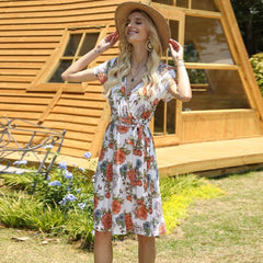 Fashion Print V neck Lacing Short sleeve Skater Dresses
