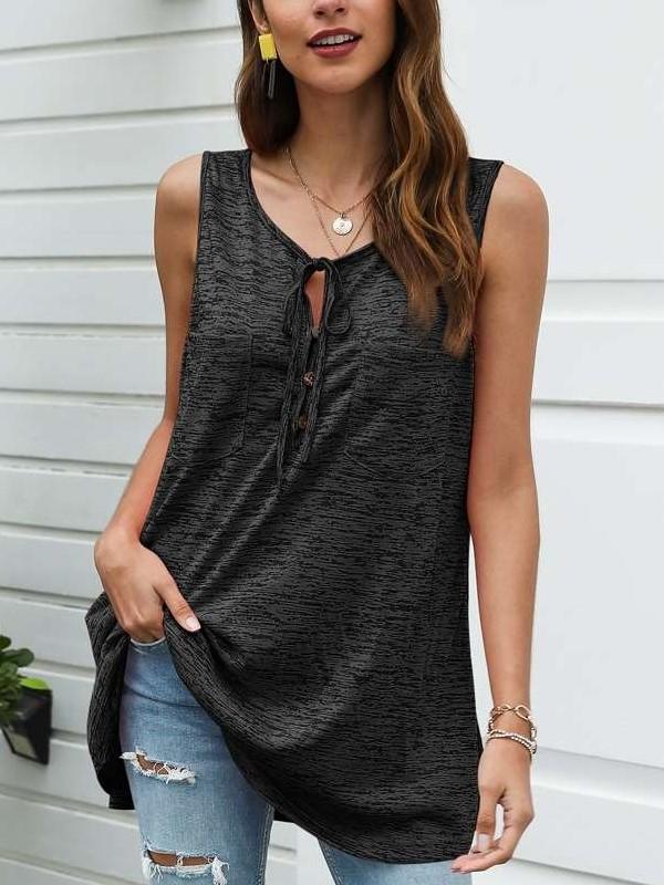 Casual Pure Sleeveless Round neck Lacing Long T-Shirts