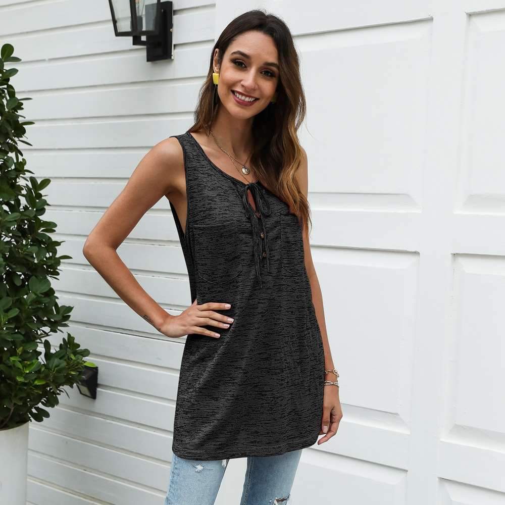 Casual Pure Sleeveless Round neck Lacing Long T-Shirts