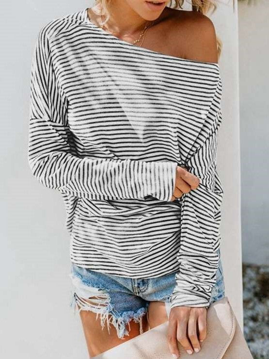 Casual Stripe Round neck Long sleeve T-Shirts